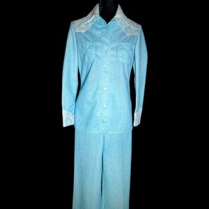 Jack Winter - 70's Light Blue & White Paisley Western Wear 2-Piece - Size 10/12